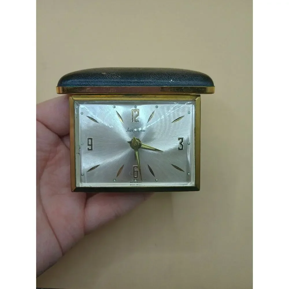 Vintage Seth Thomas Travel Alarm Clock, Germany, Gold Tone Folding Case, 3